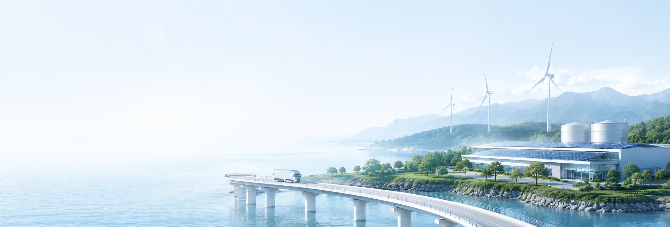 Sustainable infrastructure landscape with a coastal bridge, wind turbines and rooftop solar panels